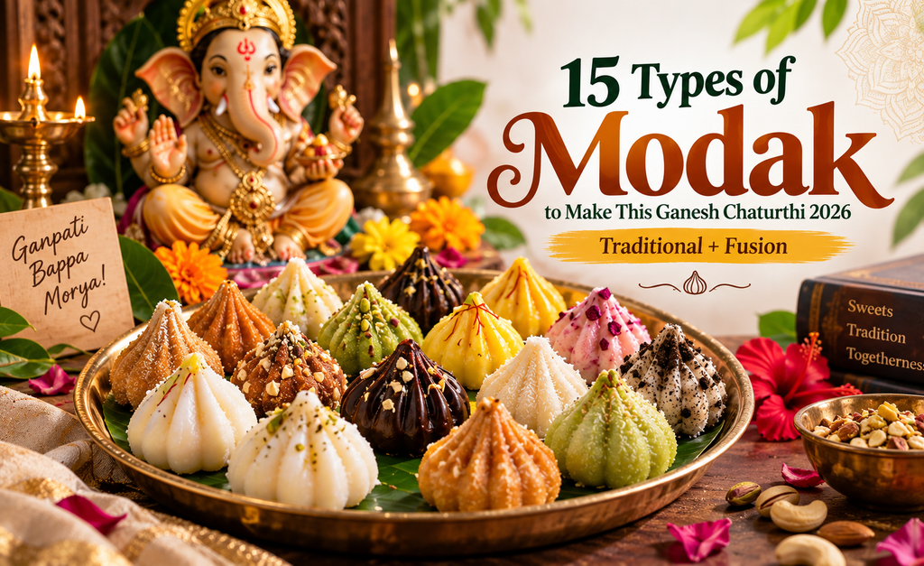 Plate of assorted modaks with Ganesh idol in the background for Ganesh Chaturthi