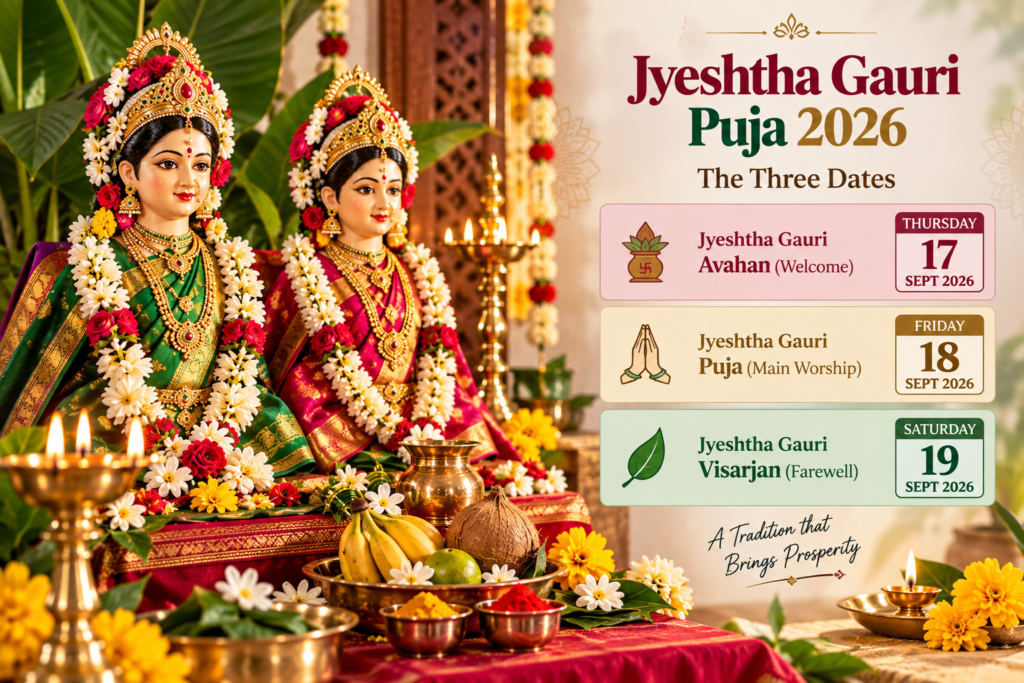 Jyeshtha Gauri Puja 2026 calendar showing Avahan, Puja and Visarjan dates