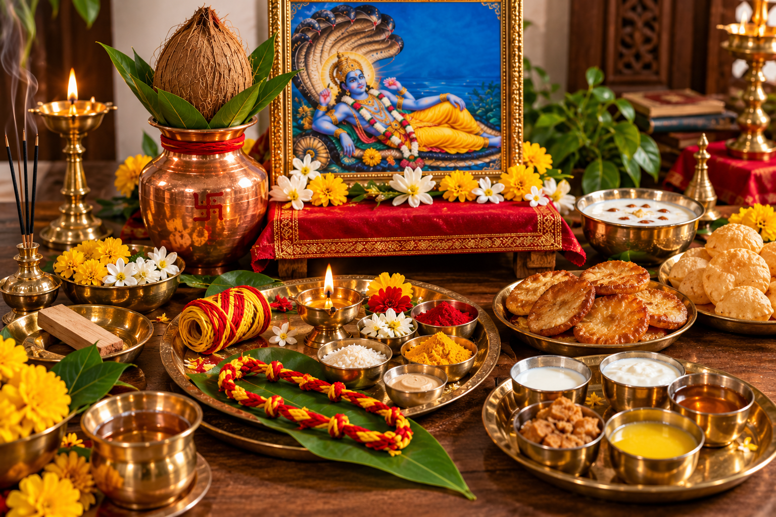 Devotee tying the fourteen-knotted Anant Sutra during puja vidhi