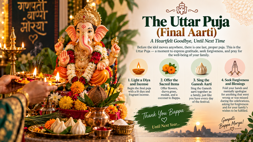 Family performing final Uttar Puja and aarti before Ganesh visarjan
