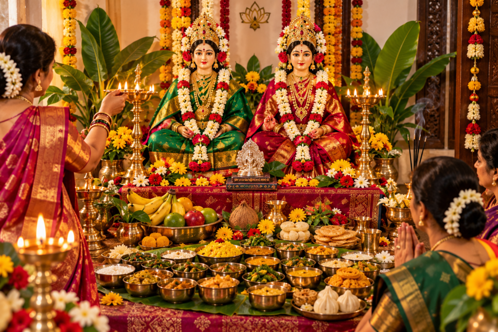 Gauri idols dressed in saree and jewellery for the main Jyeshtha Gauri Puja