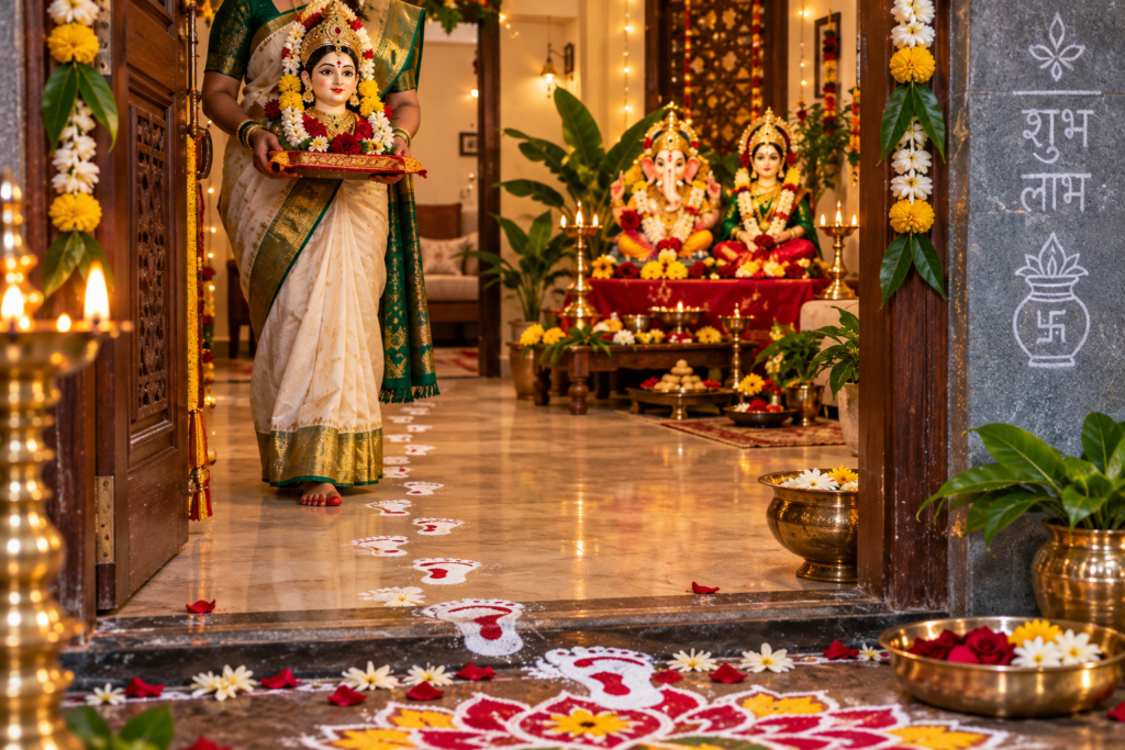 Rice flour footprints leading to the Gauri seat during Gauri Avahan
