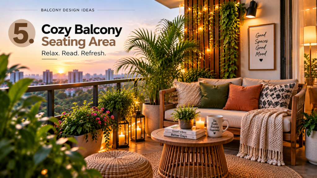 Cozy balcony seating area with cushions and side table