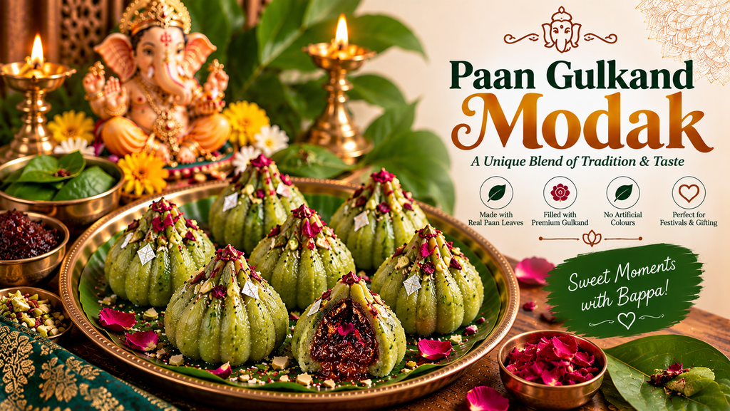 Paan Gulkand Modak with pistachios and fennel seeds