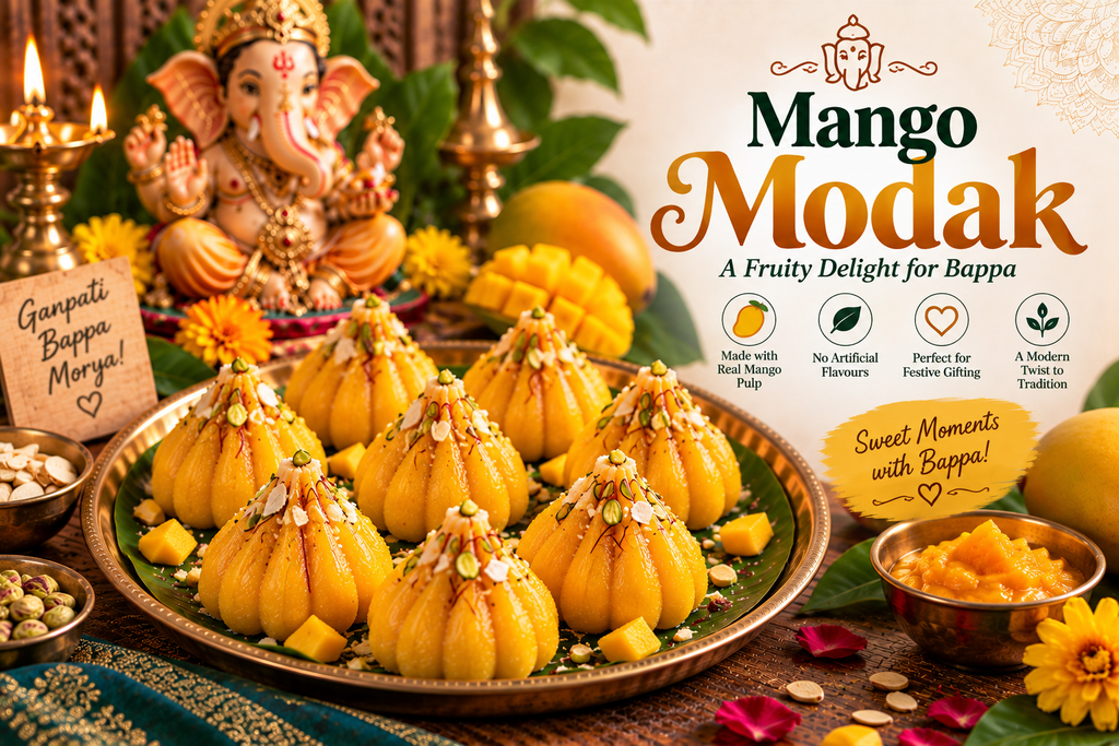 Mango Modak made with ripe mango pulp and desiccated coconut