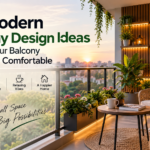 Modern balcony design with plants, seating, and glass railing
