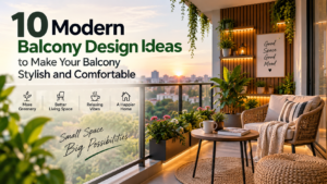 Modern balcony design with plants, seating, and glass railing