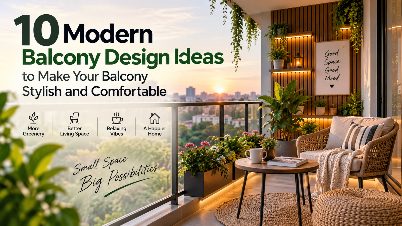 Modern balcony design with plants, seating, and glass railing