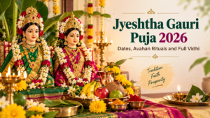 Jyeshtha Gauri Puja 2026 celebration with traditional Gauri idols at home