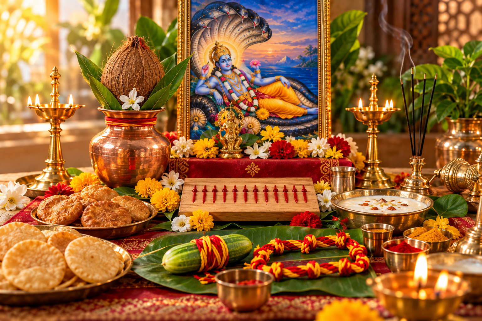 Sushila performing the Anant vrat with the sacred fourteen-knotted thread