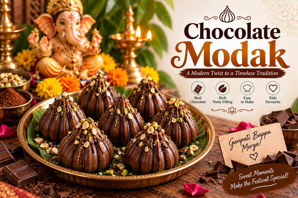 Chocolate Modak made with melted chocolate and nut filling